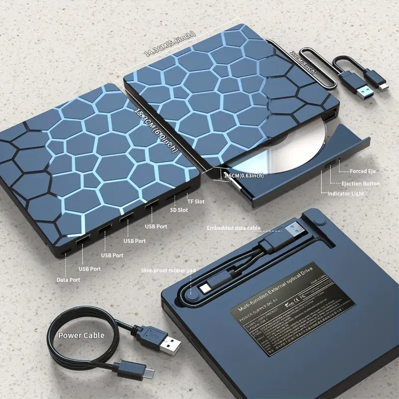 1pc 8-in-1 USB 3.0 Portable External CD/DVD Drive for Laptop, Slim