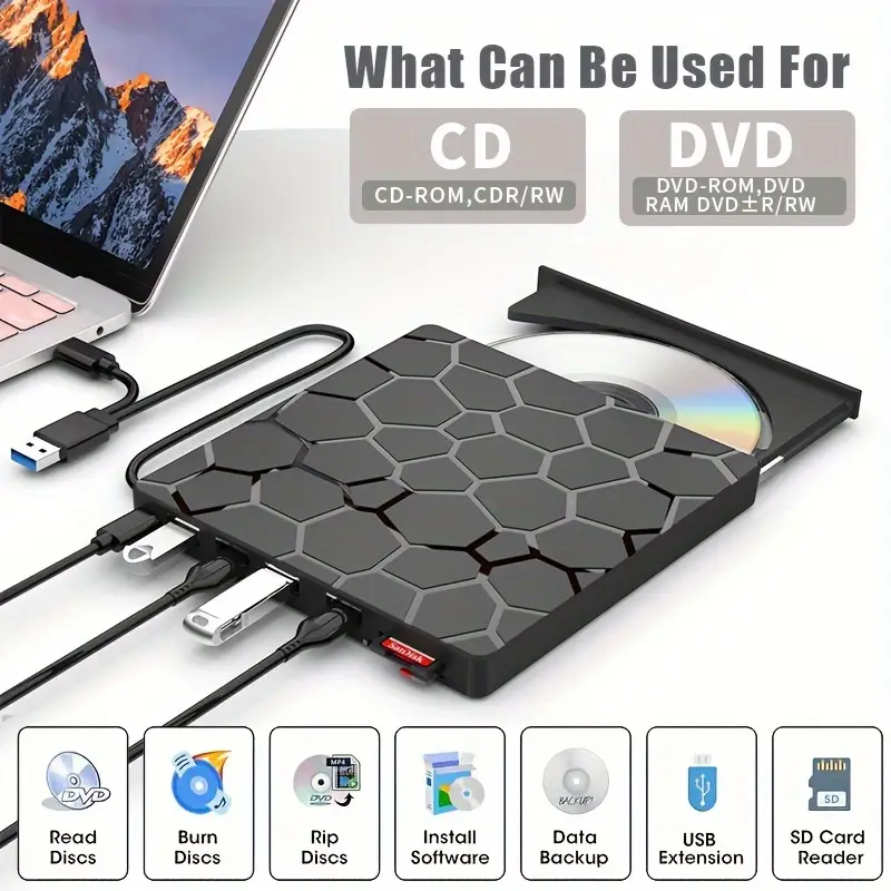1pc 8-in-1 USB 3.0 Portable External CD/DVD Drive for Laptop, Slim