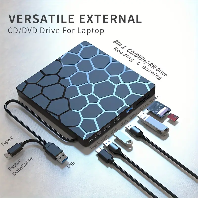 1pc 8-in-1 USB 3.0 Portable External CD/DVD Drive for Laptop, Slim