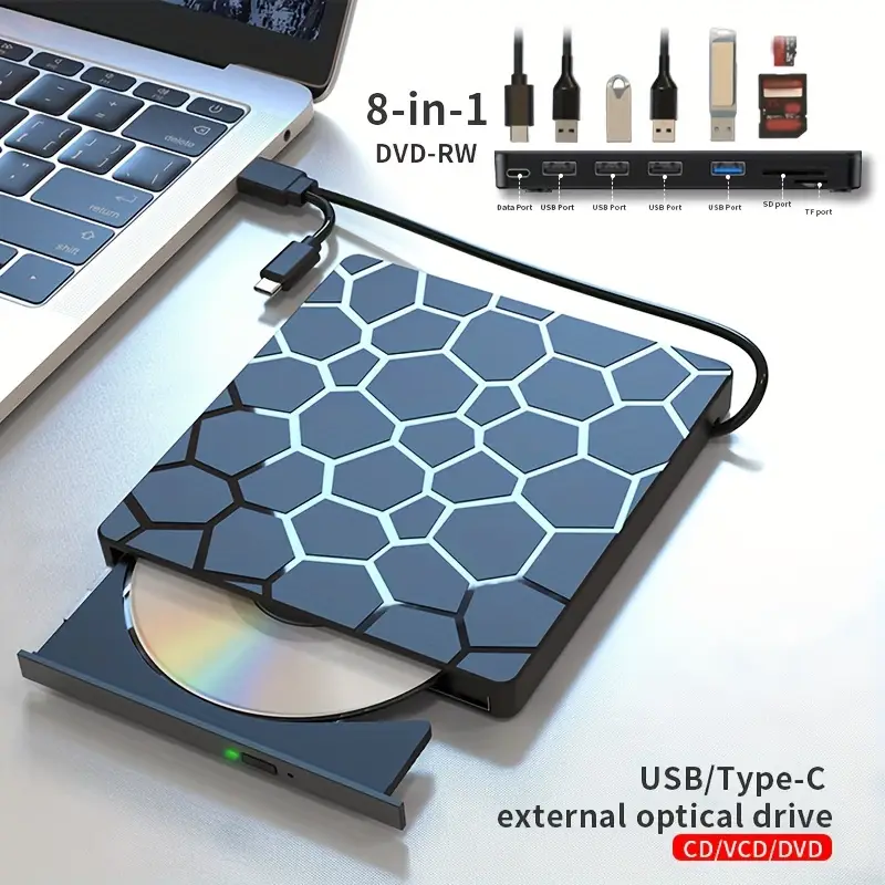 1pc 8-in-1 USB 3.0 Portable External CD/DVD Drive for Laptop, Slim